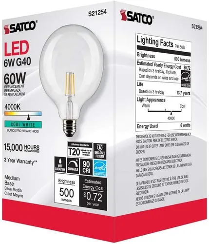 Miniatura 8 de Satco 6Pk 6w G40 Globo Filamento LED 4000K Base Mediana Regulable - 60W Equiv