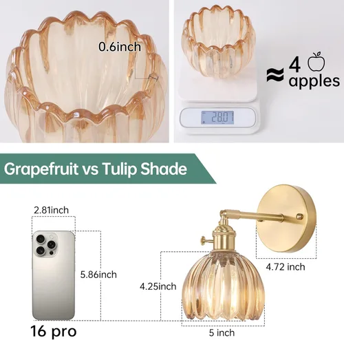Miniatura 3 de Shenmoyl Juego de 2 Apliques de Pared Vintage con Pantalla de Cristal de Tulipán Ámbar Lindo Ajustable 180 Grados Apliques de Latón Cableado Fijo