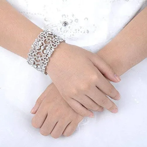 Miniatura 5 de EVER FAITH Pulsera elástica de cristal austríaco con corazón Art Deco para mujer, transparente