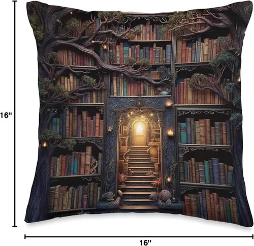 Miniatura 4 de Books Library Reading Book Shelves Bookworm Forest Library - Almohada vintage para libros de lectura, diseño de bosque de biblioteca, 16 x 16