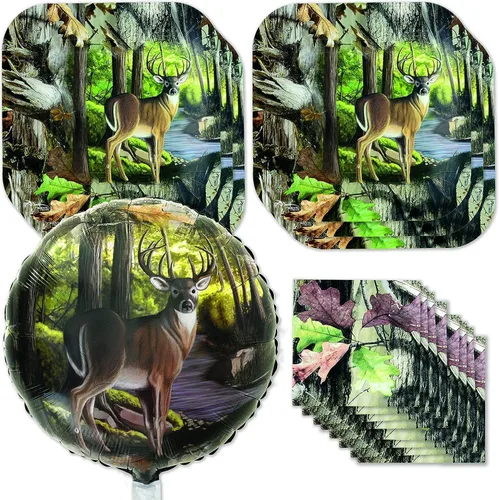 Miniatura 9 de Havercamp Paquete de fiesta de lujo Hunting Camo Buck para 16 invitados. El kit tiene 16 platos llanos cuadrados de 9 pulgadas, servilletas y tazas