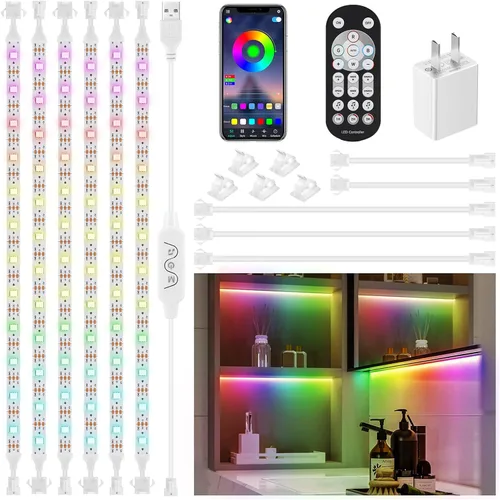 Kit de 6 luces LED para debajo del gabinete, sincronización de música, luces LED que cambian de color con control remoto RF y aplicación, luces