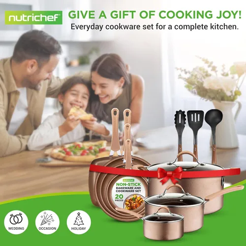 Miniatura 8 de NutriChef Juego de utensilios de cocina antiadherentes de 14 piezas con cacerola, sartenes, ollas de cocina, olla de horno holandés, tapas, Dorado