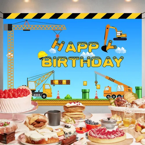 Miniatura 2 de Tema de construcción feliz cumpleaños telón de fondo camión volquete grúa fiesta de cumpleaños banner excavadora camión fotografía fondo niños