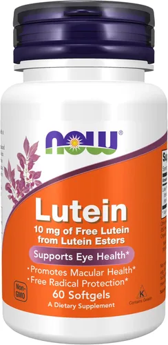NOW Suplementos, luteína 10 mg con 10 mg de luteína libre de ésteres de luteína, 60 cápsulas blandas