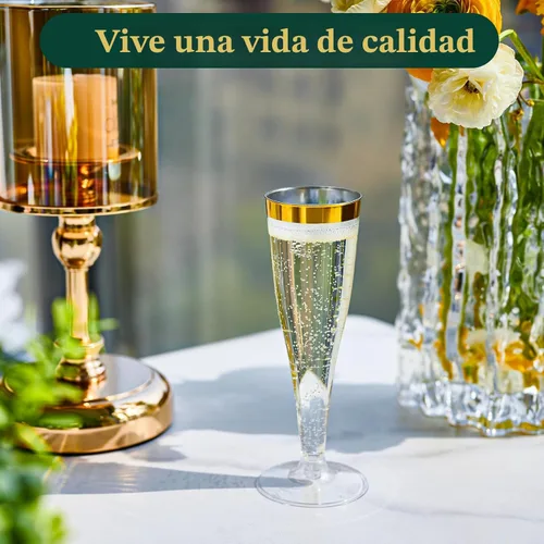 Miniatura 6 de FOCUSLINE Paquete de 100 Copas de Champán de Plástico, Copas de Champán de Plástico con Borde Dorado de 4.5 Onzas, Copas Transparentes Desechables