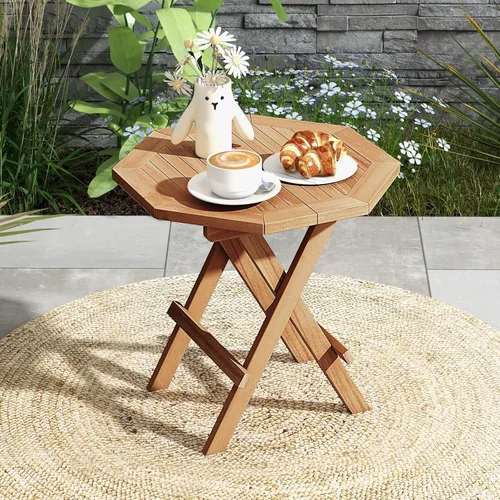 Miniatura 2 de RELAX4LIFE Mesa auxiliar plegable para exteriores, mesa auxiliar de madera de teca, mesa de café octogonal con mesa de listones, mesa de campamento