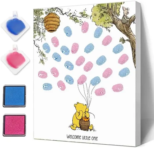 Miniatura 7 de Azbuk Libro de Invitados de Árbol de Huellas Dactilares para Revelación de Género para Baby Shower, Lienzo de Libro de Invitados de Huellas Animales