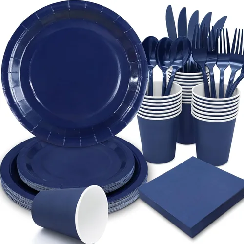168 piezas de suministros de fiesta azul marino para decoraciones de fiesta azul marino incluye platos de papel y servilletas, vasos, cubiertos,