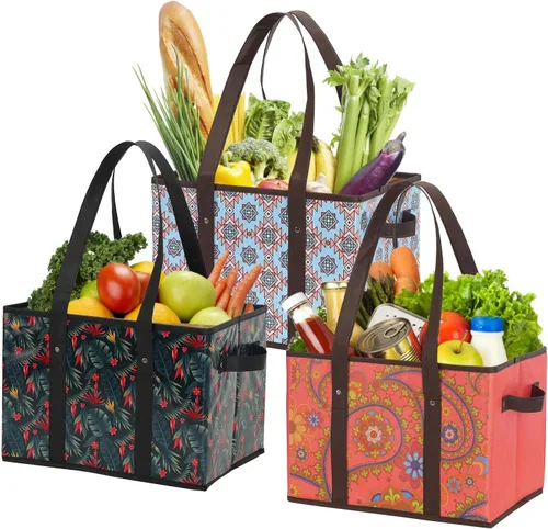 Miniatura 10 de Foraineam Juego de bolsas reutilizables para comestibles, bolsas de compras plegables y resistentes con fondo reforzado Follaje vibrante/paquete de 3