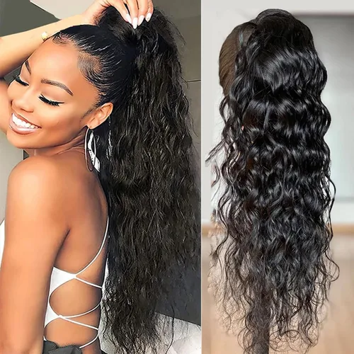 Miniatura 16 de Cola de caballo de cabello humano rizado con cordón brasileño Remy Extensin 3C Kinky Curly Hair Clip en pieza de pelo color natural sedoso suave 10