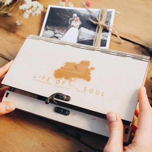 Miniatura 3 de Caja de fotos de boda para impresiones, caja de memoria de madera para fotos y unidad flash USB 3.0 (opcional), caja de regalo personalizada
