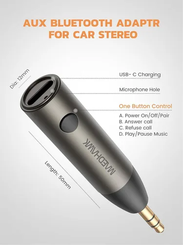 Miniatura 6 de MaedHawk Adaptador auxiliar Bluetooth 5.4 para automóvil, receptor de audio inalámbrico de 0.138 in para automóvil micrófono mejorado integrado