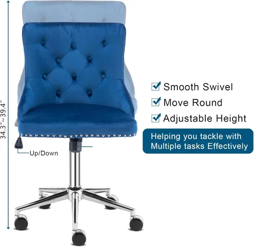 Miniatura 6 de VINGLI Silla de Escritorio de Terciopelo Azul Marino sin Brazos para Oficina en Casa con Base/Ruedas Doradas, Linda Silla de Tocador/Maquillaje
