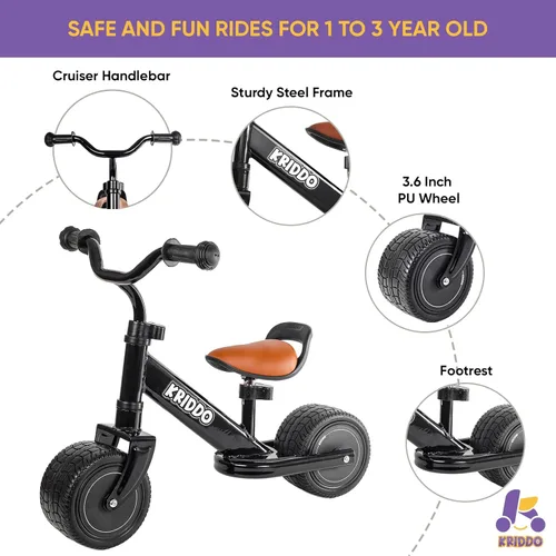 Miniatura 3 de KRIDDO Bicicleta de Equilibrio para Niños de 1-2 Años, Mini Crucero para el Primer Cumpleaños, Negro B-black