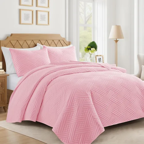 Lavsiry Juego de colcha rosa tamaño queen con patrón a rayas, colcha y cubrecama de microfibra ligera y suave para verano, juego de ropa de cama