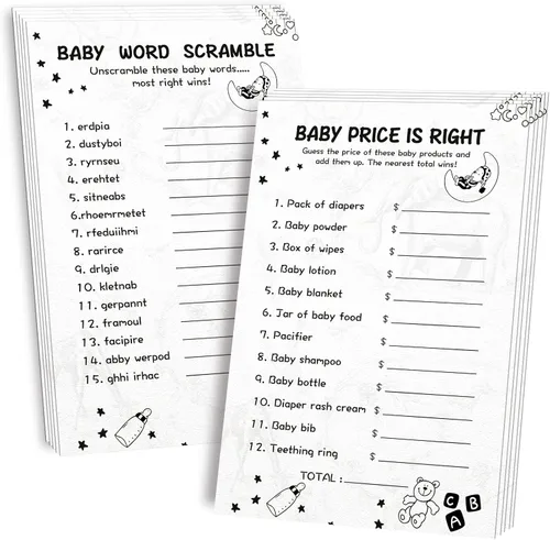 Miniatura 8 de OLOUTAB Juegos de Baby Shower para Niña - 2 Juegos (50 de Cada), Juego de Baby Shower Word Scramble y Price is Right, Doble Cara, Cartón Grueso