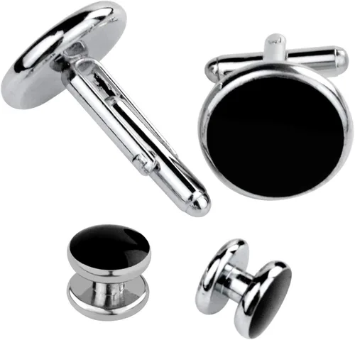 Miniatura 5 de Juego de tachuelas y gemelos de esmoquin de color negro y plateado juego de gemelos y aretes para hombre con eslabones de acero inoxidable botones