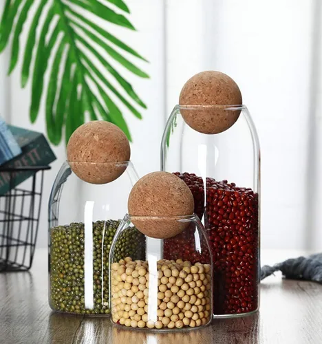 Miniatura 4 de MOLFUJ Frasco de almacenamiento de vidrio de 550ML/18Oz con corcho de bola, lindo frasco organizador decorativo con tapa de madera hermética