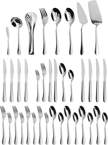 Juego de cubiertos de 32 piezas con juego de utensilios para servir, cuchillos de acero inoxidable, cucharas y tenedores para el hogar, cocina,