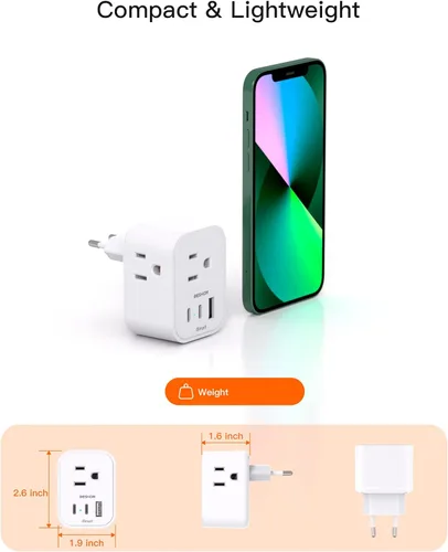 Miniatura 3 de Paquete de 2: adaptador de enchufe de viaje europeo, adaptador de enchufe de alimentación internacional BESHON con 3 tomas, 3 puertos USB (2 USB C)