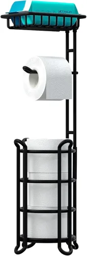 Miniatura 11 de Soporte de rollo de papel higiénico para baño, soporte de papel higiénico de pie con estante de almacenamiento central, reserva de mega E-plata