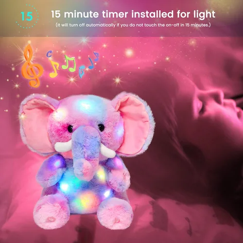 Miniatura 7 de Hopearl Elefante de peluche con luces LED y música colorido, con volumen ajustable, canciones de cuna, animado, da calma, para festival, cumpleaños
