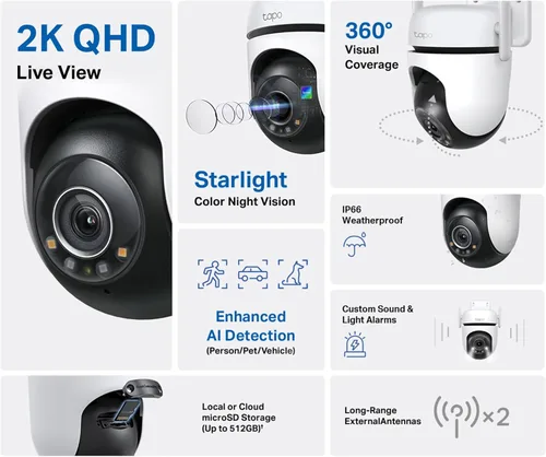 Miniatura 2 de TP-Link Tapo Cámara de Seguridad Wi-Fi para Exteriores 2K QHD con Pan/Tilt, Vista de 360°, Seguimiento de Movimiento, Visión Nocturna a