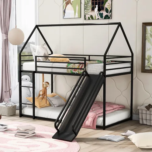 Miniatura 21 de Harper & Bright Designs Litera de metal individual sobre individual, litera baja resistente con barandillas de seguridad y escalera (negro)