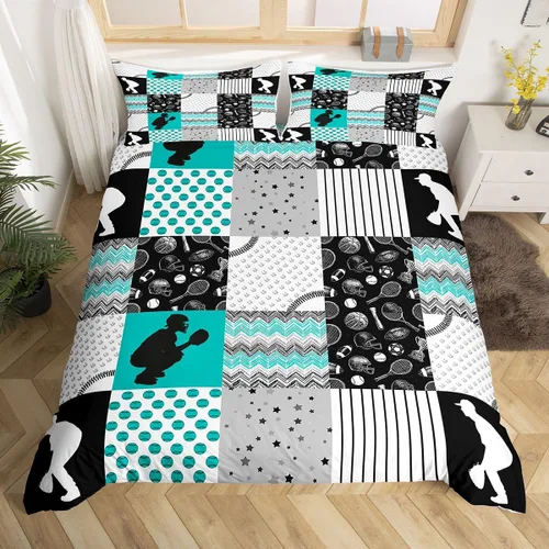 Juego de funda de edredón de jugador de béisbol, juego de cama de cuadrícula cuadrada de béisbol para niños y niños, funda de edredón de deportes de