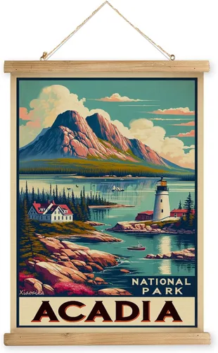 XIAOAIKA Póster de viaje vintage del Parque Nacional Acadia con marco de desplazamiento de madera, decoración navideña o regalo para sala de estar,