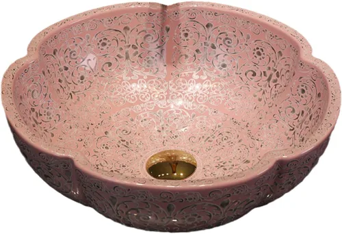 Fregaderos de baño estilo sureste asiático en color rosa, fregadero de cerámica artística para encimera de tocador, sobre encimera plateado (silver