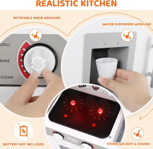 Miniatura 3 de MAMIZO Cocina de juego para niños, cocina de juguete de chef de madera de simulación con lavadora, dispensador de agua, estufa, sonido y luz reales