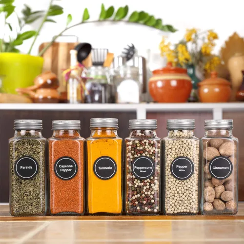 Miniatura 6 de Aozita - 14 tarros para especias de vidrio con tapas negras, botellas vacías cuadradas de 4 oz y etiquetas de especias, tapas negras de coctelera