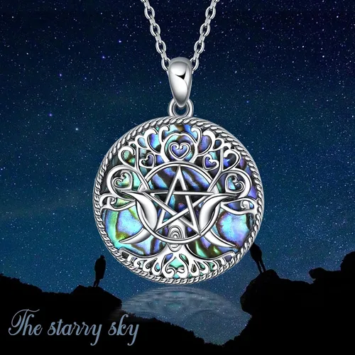 Miniatura 2 de YFN Collar con dije de triple luna y diosa de plata esterlina, pentagrama y ópalo, collar con dije de ópalo pagano, amuleto mágico wiccano, árbol