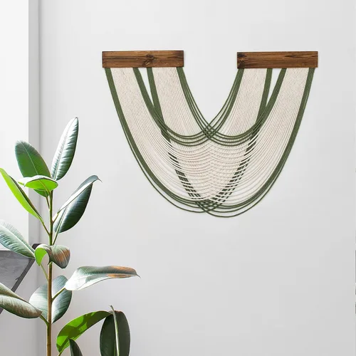 Miniatura 5 de Tapiz bohemio de macramé para colgar en la pared, tejido teñido anudado de fibra verde y blanca, hecho a mano, para colgar en la pared, grande