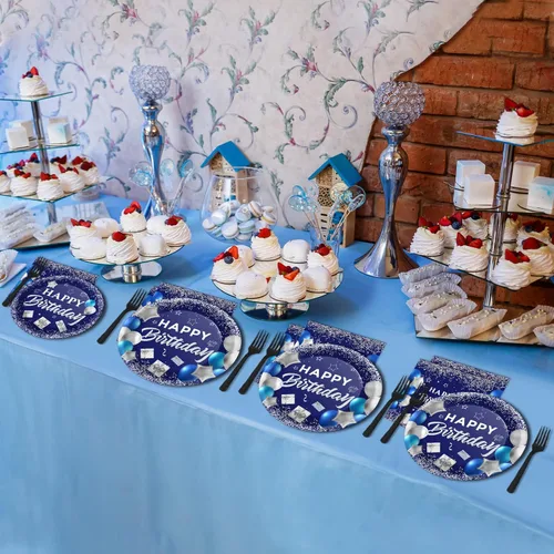 Miniatura 6 de Wiooffen Juego de vajilla azul para fiesta de cumpleaños para 24 invitados, azul marino y plateado, decoración de fiesta de feliz cumpleaños
