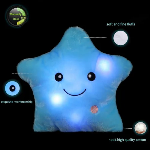 Miniatura 2 de Almohada de felpa con forma de estrella brillante con luz LED, cojines de luz nocturna creativos, juguetes de peluche para regalos para niños, Azul