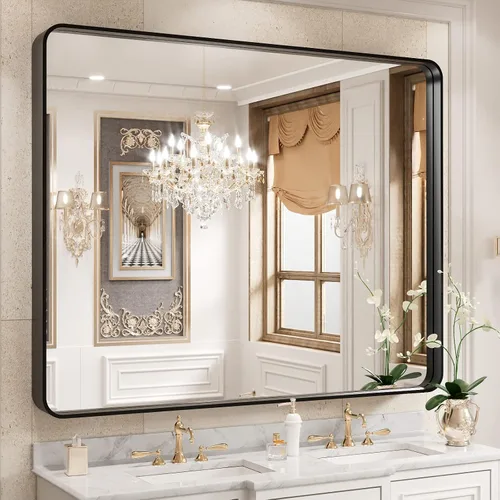 Miniatura 60 de WEER - Espejo de baño dorado, espejo de 40x32 pulgadas con marco de metal dorado cepillado, espejo de tocador de baño de oro para pared