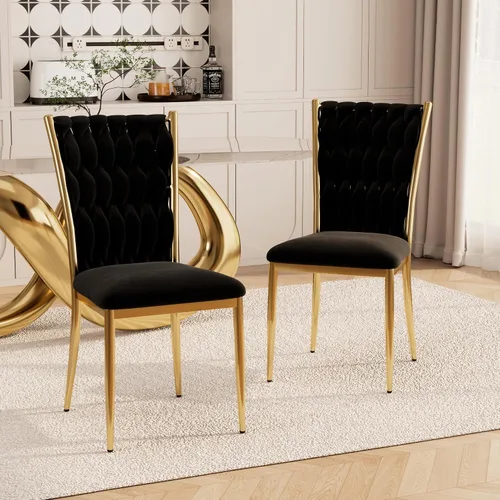 Miniatura 26 de Juego de 2 sillas de comedor de terciopelo, modernas sillas de cocina tejidas con patas de metal dorado, cojín tapizado con respaldo alto
