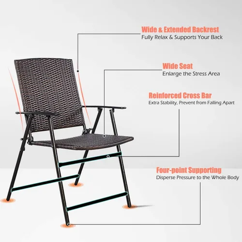 Miniatura 7 de RELAX4LIFE Sillas plegables de patio de 4 piezas, sillas de ratán de polietileno para interiores y exteriores con marco de metal, reposabrazos