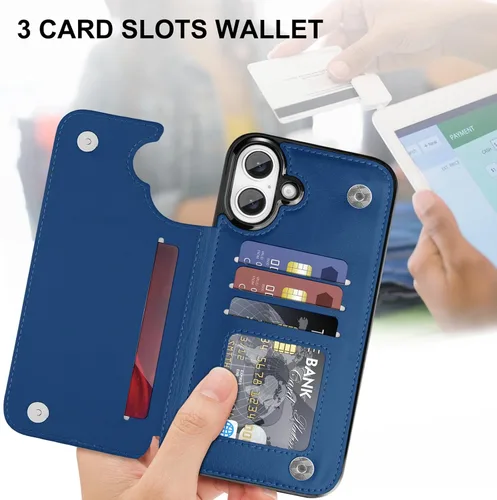 Miniatura 2 de Bizzib para iPhone 16 Plus funda tipo billetera con soporte para tarjetas, funda protectora a prueba de caídas y golpes de poliuretano premium