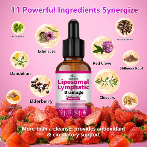 Miniatura 8 de Gotas de drenaje linfático liposomal, soporte linfático orgánico 11 en 1 con trébol rojo, equinácea, saúco, raíz de bardana para limpieza linfática