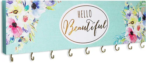 SANY DAYO HOME Organizador de joyas montado en la pared, moderno soporte de madera con 9 ganchos de metal para collares, anillos, aretes, pulseras y