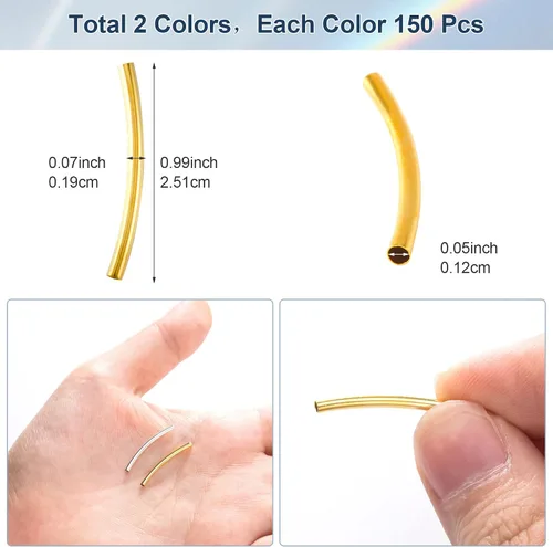 Miniatura 3 de PAGOW 300 cuentas de tubo, cuentas curvadas de fideos de 0.98 pulgadas, cuentas espaciadoras doradas y plateadas para hacer joyas, collares