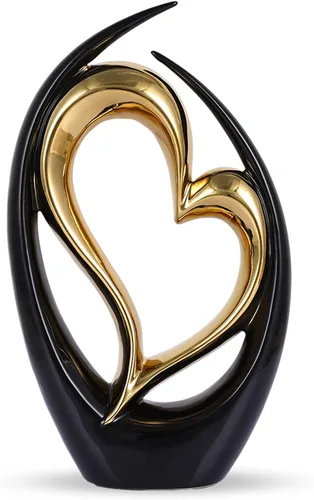 LCCCK Decoración de corazón, estatua de corazón de cerámica, estantes modernos, decoración de coqueta de dormitorio de oro negro, escultura de