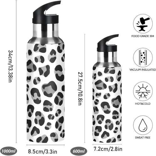 Miniatura 2 de Leopard Print Black Grey White Insulated Stainless Steel Water Bottle with Straw 20 Oz Leakproof Water Bottles, BPA-Free Sport Water Bottle