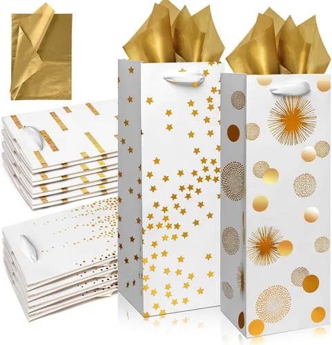 Carnation Bolsas de vino – Paquete de 12 bolsas de regalo para botellas de vino de papel de aluminio dorado para ocasiones especiales (14 pulgadas,
