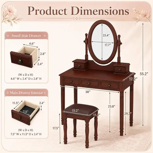 Miniatura 2 de Anwick Vintage Vanity Desk with Adjustable Angle Mirror, Wooden Dressing Table Set for Bedroom with Velvet Fabric Lining 5 Drawers, Girls Vanity Set