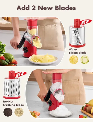 Miniatura 2 de Rallador de queso giratorio GDL con manivela manual con 5 cuchillas intercambiables - Rallador de queso mejorado con base de succión fuerte para Rojo